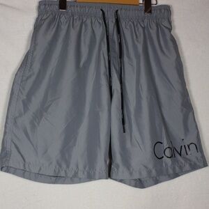 Calvin Klein Men's Shorts Large Grey Mesh Lined Drawstring Bathing Suit Trunks